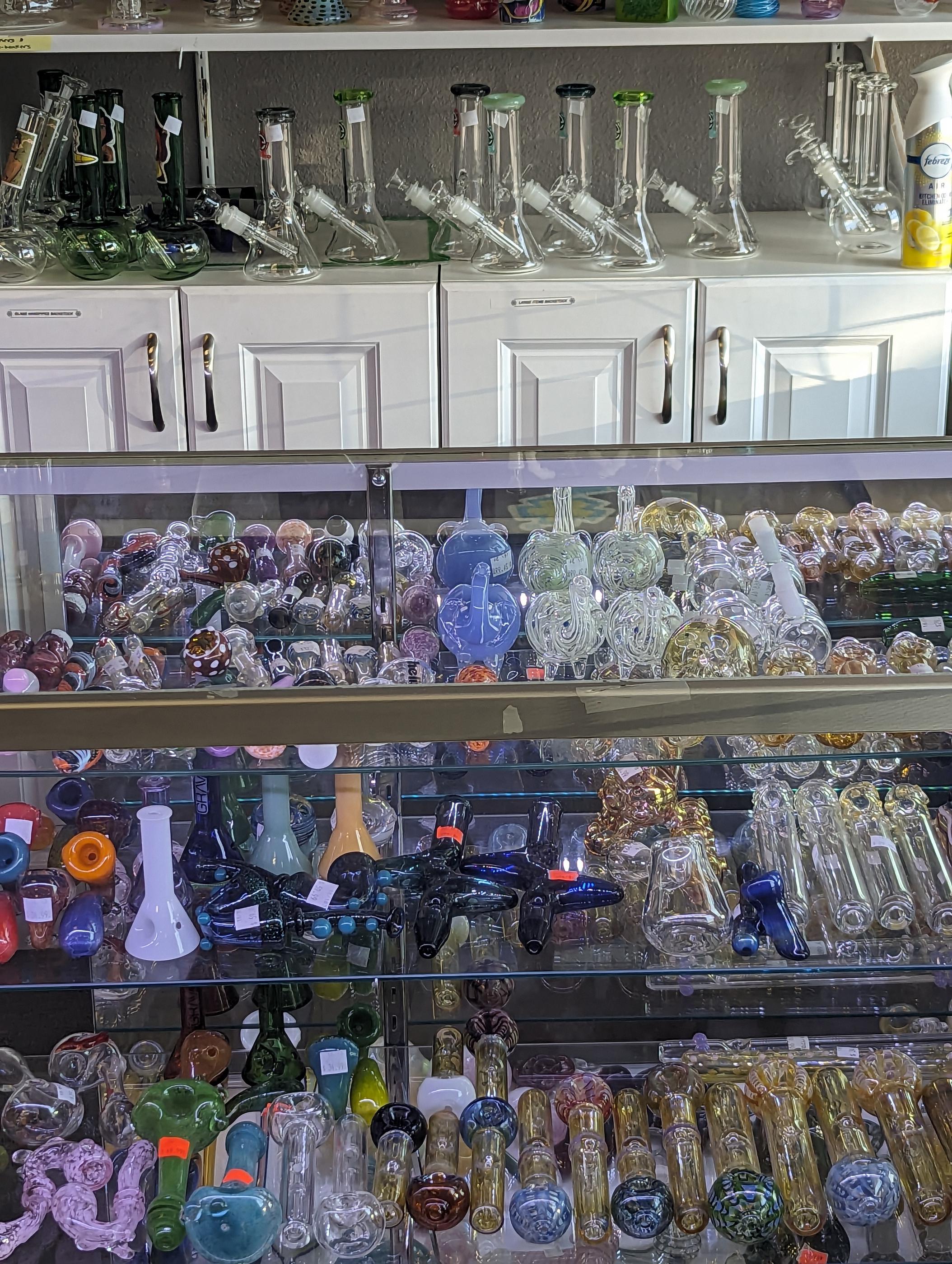 Glass bongs on display